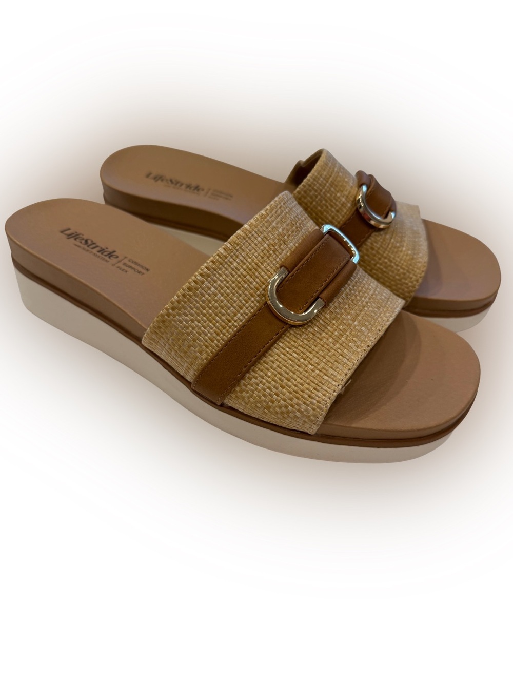 LifeStride Women's Genevieve Slide Sandal Tan Weave W Buckle Accent Sz 8 NEW!
